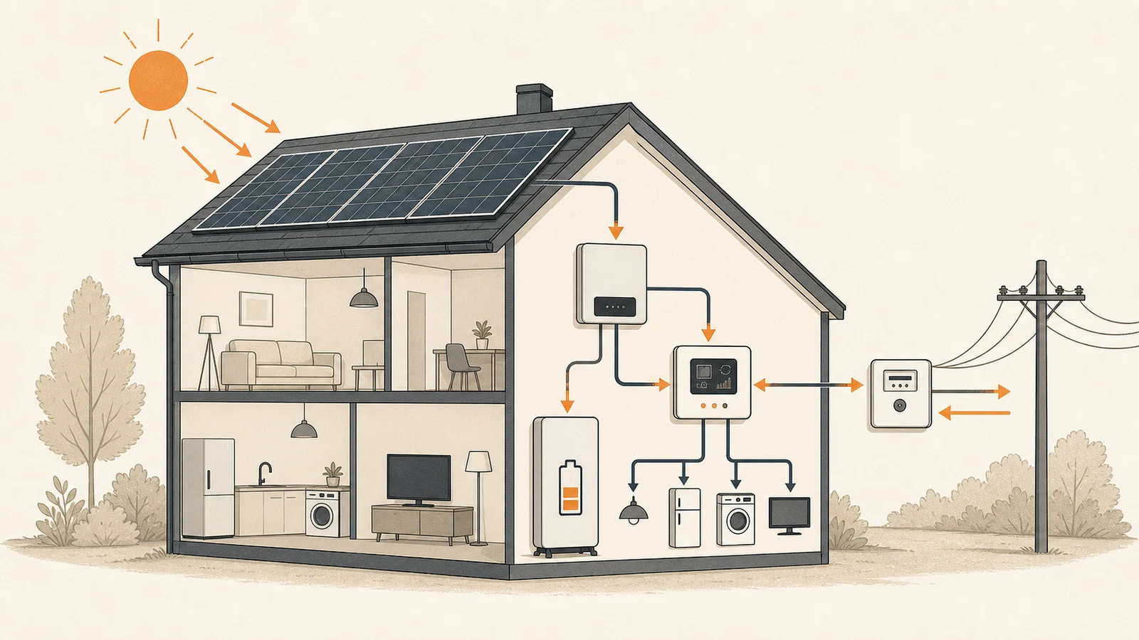 Techniczny przekrój domu z panelami fotowoltaicznymi połączonymi z falownikiem, magazynem energii, systemem zarządzania, odbiornikami i siecią elektroenergetyczną