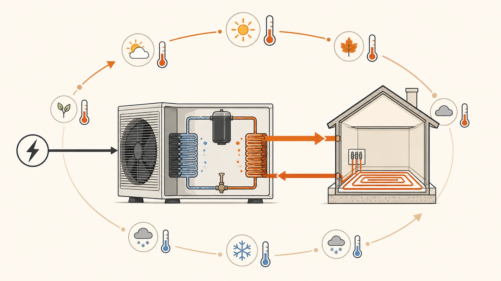 Techniczny schemat pompy ciepła z przepływem ciepła do domu, poborem energii elektrycznej oraz wykresem zmiennych temperatur sezonu grzewczego