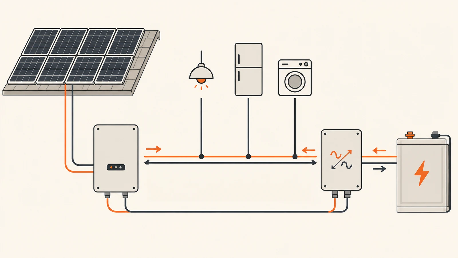 Techniczny schemat instalacji AC-coupled z panelami PV, osobnym falownikiem fotowoltaicznym, szyną domową AC, falownikiem bateryjnym i akumulatorem po stronie DC