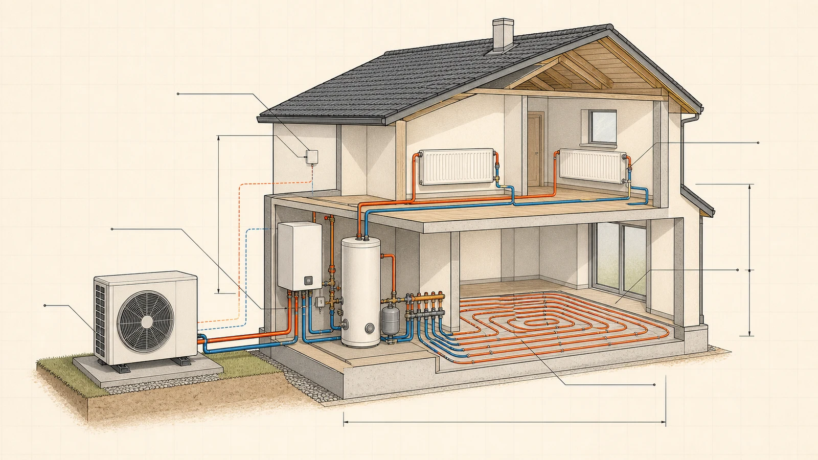 Techniczny przekrój domu z jednostką zewnętrzną pompy ciepła, modułem hydraulicznym, zasobnikiem, grzejnikami i pętlami ogrzewania podłogowego połączonymi przewodami zasilania i powrotu