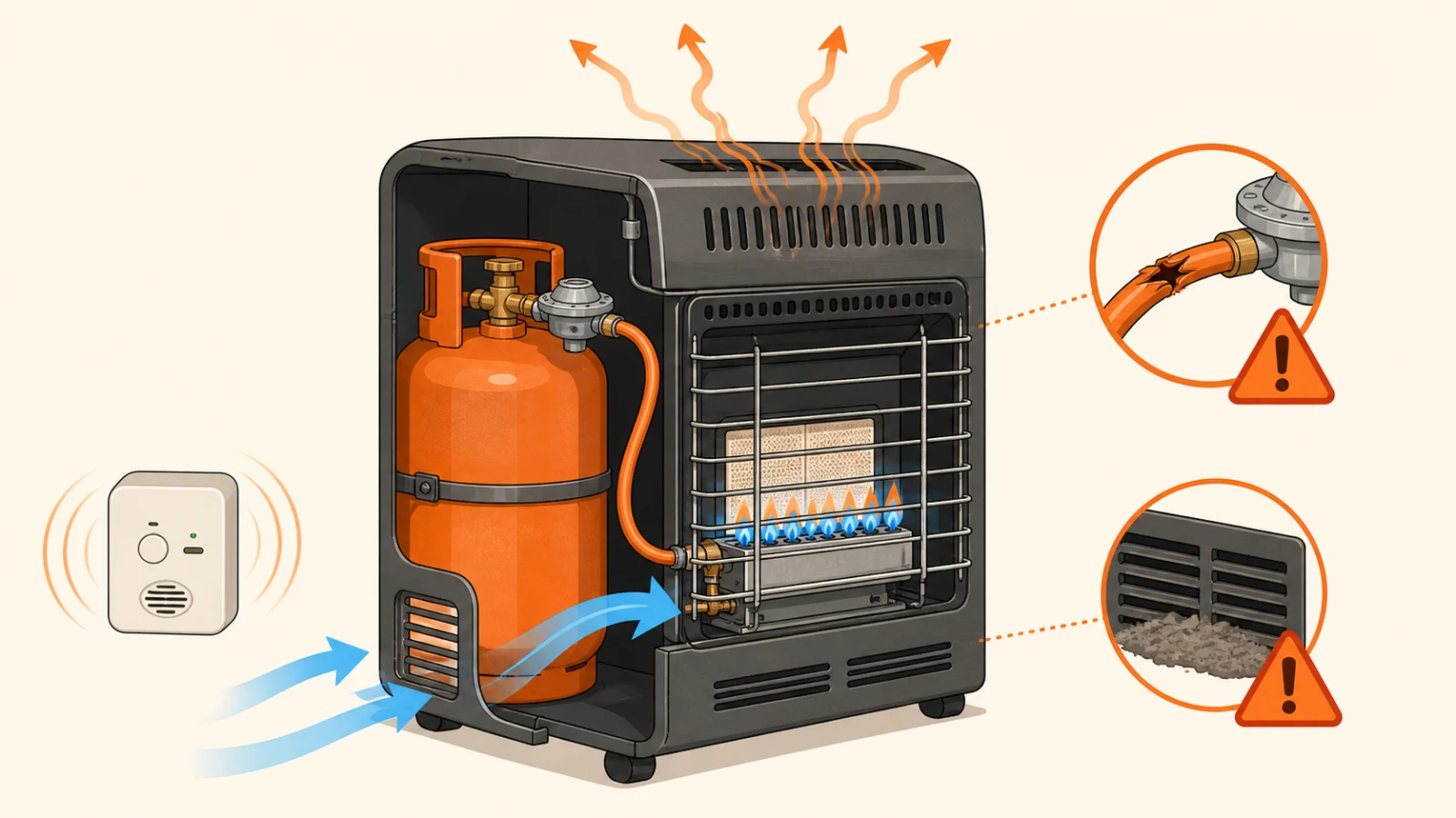 Techniczny przekrój przenośnego piecyka LPG z pionową butlą, reduktorem, przewodem, palnikiem, przepływem powietrza oraz oznaczeniem uszkodzonego węża i zatkanej wentylacji