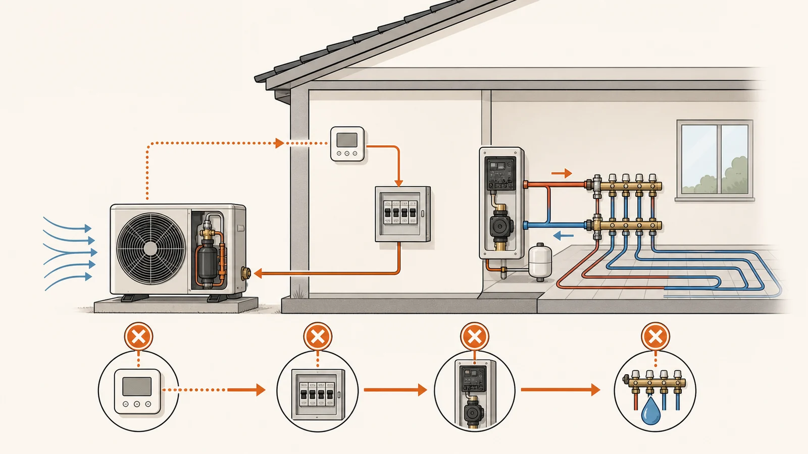 Schemat domu z jednostką zewnętrzną pompy ciepła, termostatem, rozdzielnicą, modułem hydraulicznym i czterema punktami, które mogą przerwać sygnał uruchomienia