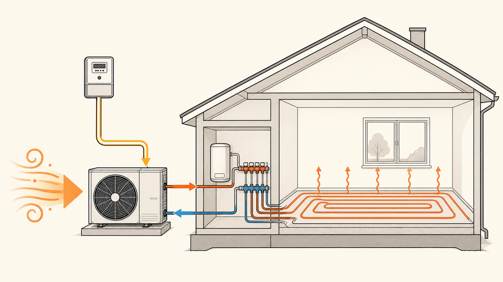 Techniczny przekrój domu z powietrzną pompą ciepła, licznikiem energii elektrycznej, obiegiem wody grzewczej i strzałkami pokazującymi przepływ ciepła z powietrza do ogrzewania podłogowego