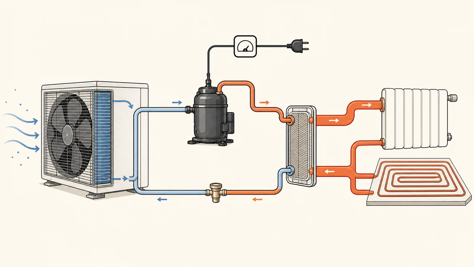 Techniczny schemat pompy ciepła powietrze-woda z jednostką zewnętrzną, sprężarką podłączoną do miernika energii, wymiennikiem oraz obiegiem grzejnikowym i podłogowym