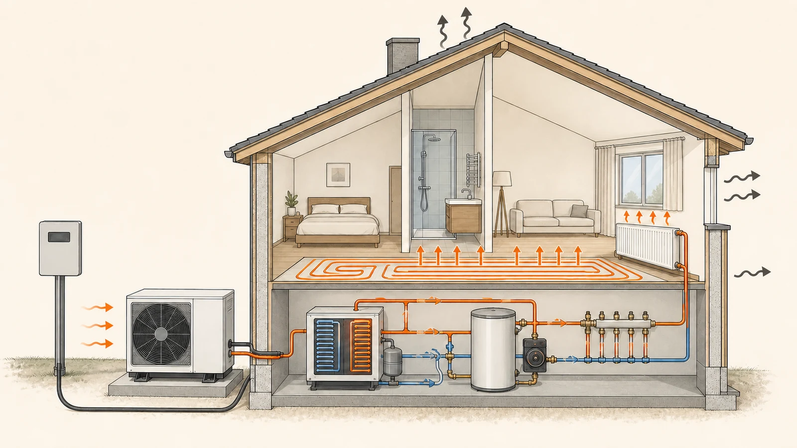 Techniczny przekrój domu z powietrzną pompą ciepła, licznikiem energii, instalacją podłogową i strzałkami pokazującymi dopływ prądu oraz przepływ ciepła