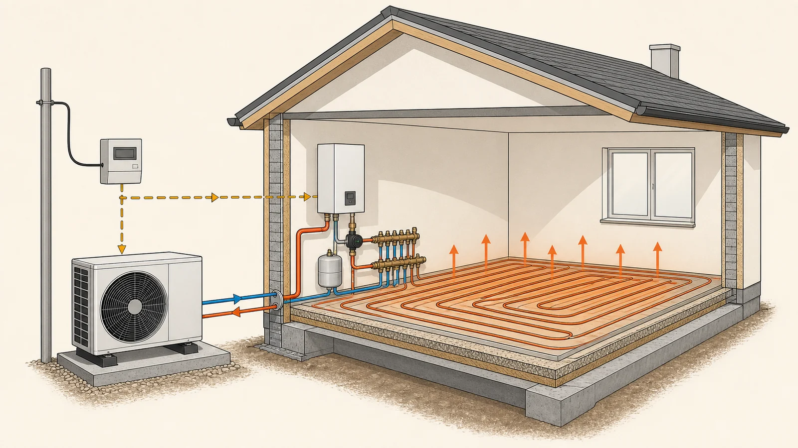 Techniczny przekrój domu z jednostką zewnętrzną pompy ciepła powietrze-woda, licznikiem energii, modułem hydraulicznym i pętlami ogrzewania podłogowego