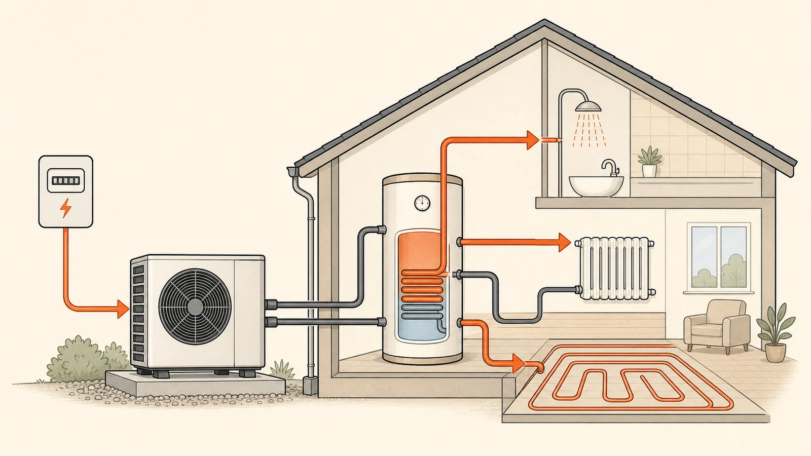 Techniczny przekrój domu z powietrzną pompą ciepła połączoną z licznikiem energii, zasobnikiem CWU, grzejnikiem i ogrzewaniem podłogowym; pomarańczowe strzałki pokazują przepływ energii i ciepła