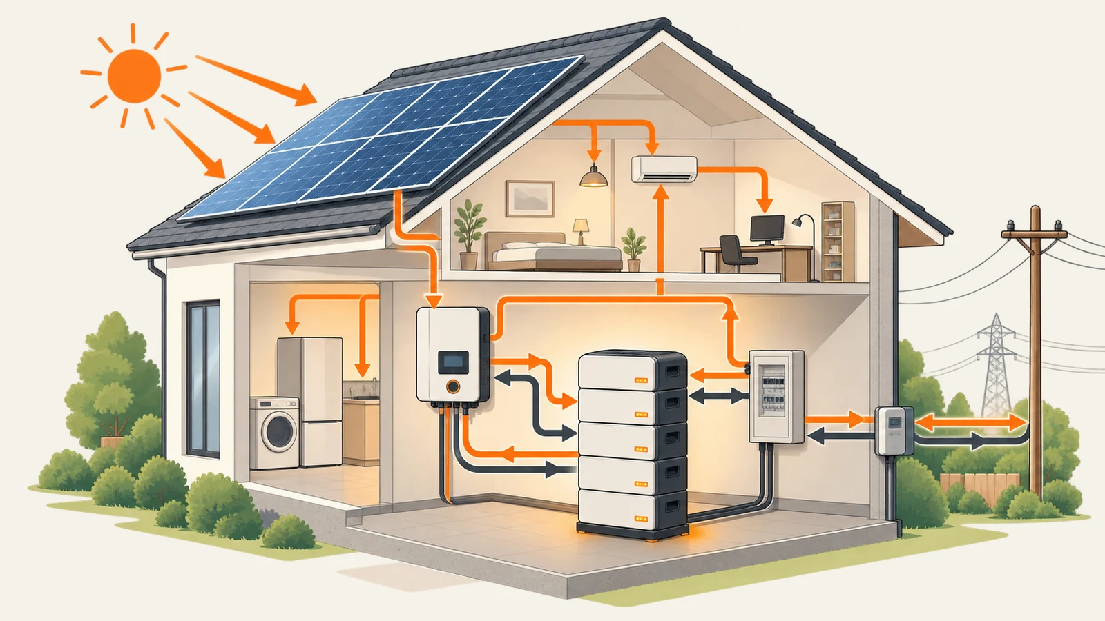 Techniczny przekrój domu z panelami fotowoltaicznymi, falownikiem, modułowym bankiem energii, domowymi odbiornikami i połączeniem z siecią