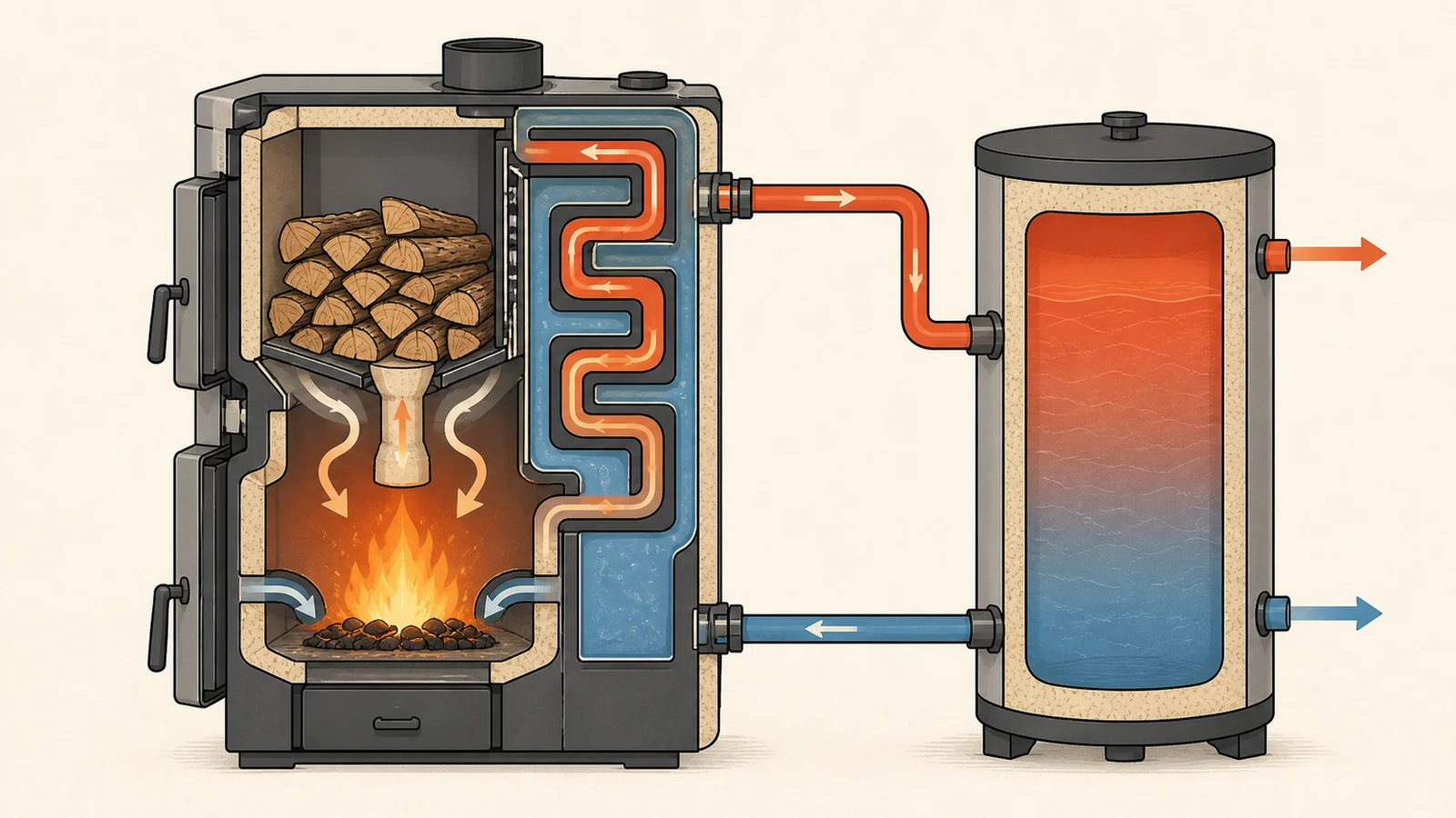 Uproszczony przekrój kotła zgazowującego drewno z komorą polan, dyszą, dolną komorą spalania, wymiennikiem oraz buforem połączonym przewodami zasilania i powrotu