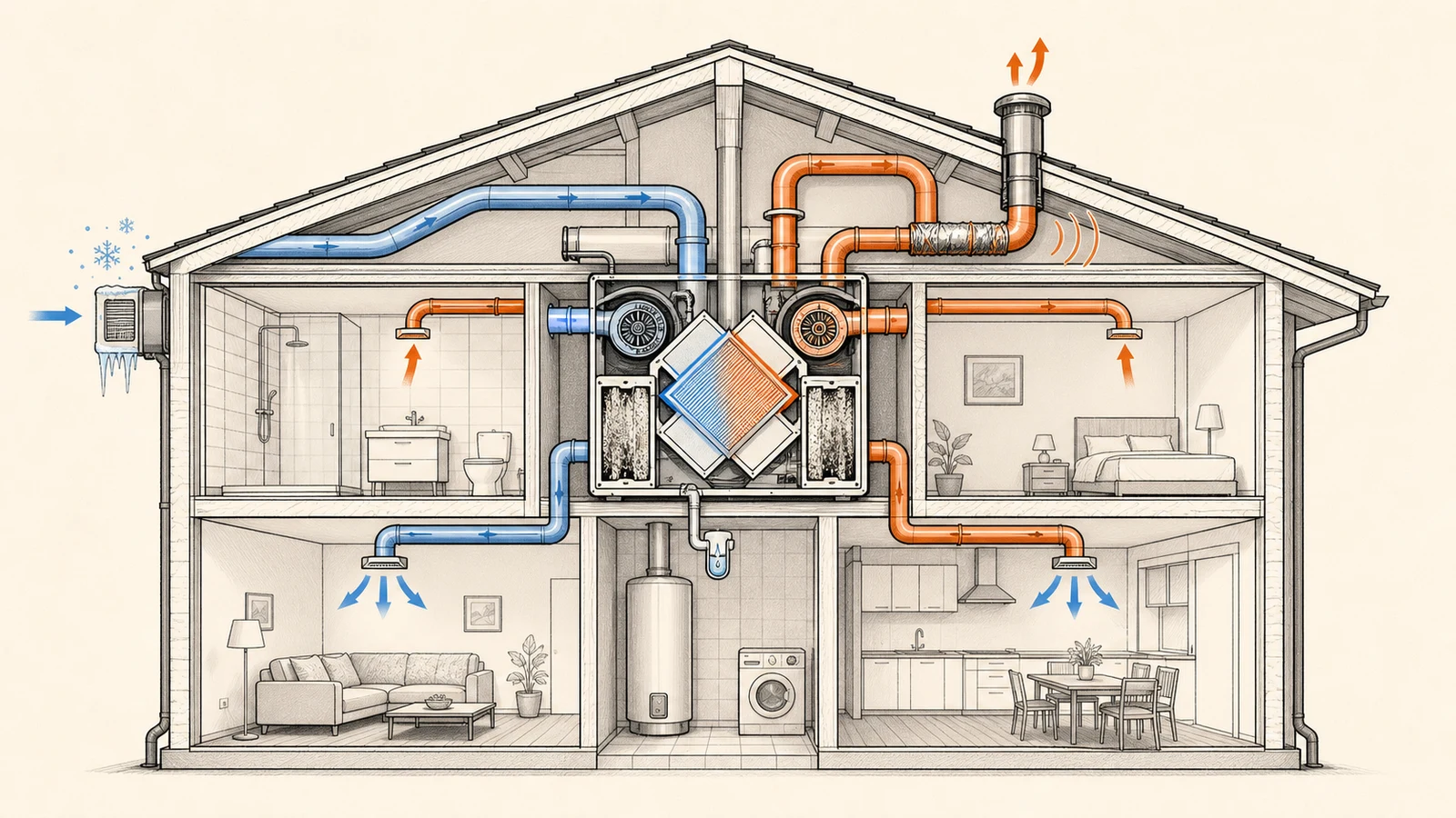 Przekrój domu z centralą rekuperacyjną, rozgałęzionymi kanałami nawiewu i wywiewu, zabrudzonymi filtrami, odpływem skroplin, oszronioną czerpnią i falami dźwiękowymi przy przewodzie
