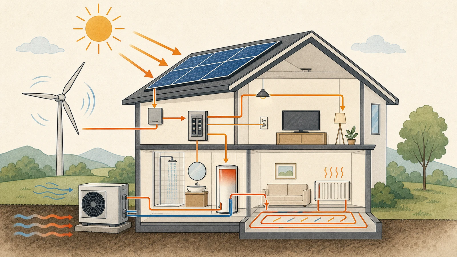 Techniczny przekrój domu z panelami fotowoltaicznymi, turbiną wiatrową i pompą ciepła połączonymi z instalacją elektryczną, ogrzewaniem i ciepłą wodą